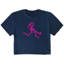 Navy blue t-shirt with a pink field hockey graphic on a white background