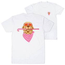 Two white short-sleeve t-shirts shown on a plain white background, with the front and back views overlapping. The back shirt features a large graphic of a golden retriever wearing pink sunglasses, a pink bandana, and holding a pink field hockey stick.