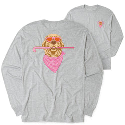 Gray long sleeve tee with a design of a golden retriever wearing pink sunglasses, a bandana and holding a field hockey stick.