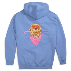 A light blue hoodie shown from the back, featuring a graphic print of a golden retriever wearing pink sunglasses, a pink bandana, and holding a pink field hockey stick.