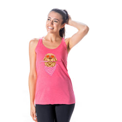 A woman modeling a pink racerback tank top with a graphic of a dog wearing sunglasses and a bandana, paired with black leggings, against a solid white background.
