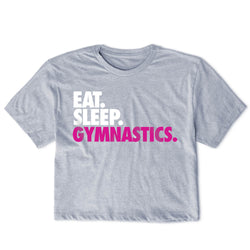 Gray t-shirt with 'Eat. Sleep. Gymnastics.' text on a white background