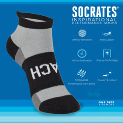 Gray and black sock with 'Coach' text on a blue background, featuring Socrates inspirational sock brand text and icons.