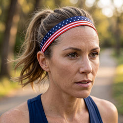 Woman wearing an American flag headband outdoors