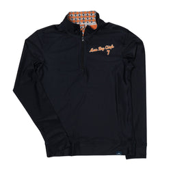 Black quarter-zip with orange text and patterned collar on a white background