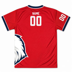 Red sports tee with white eagle logo on a white background
