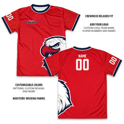 Red sports jersey with eagle logo and customizable features on a white background