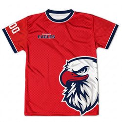 Red sports tee with eagle logo and 'Columbia Eagles' text on a white background