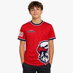 Person wearing a red sports tee with a logo and text on a white background