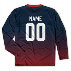 Long-sleeve shirt with gradient design and customizable name and number on a white background