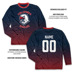 Long-sleeve shirt with Columbia Eagles logo and customizable features on a white background