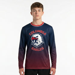 Person wearing a Columbia Eagles long-sleeve shirt on a white background