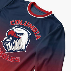 Navy blue and red sports long sleeve tee with Columbia Eagles logo