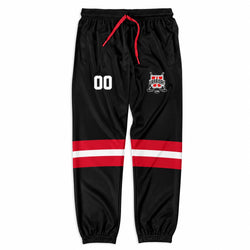 Black athletic jogger pants with a red drawstring, featuring white '00' text on the right leg, a red and white hockey team crest on the left leg, and two horizontal red stripes with a white center stripe near the lower legs.