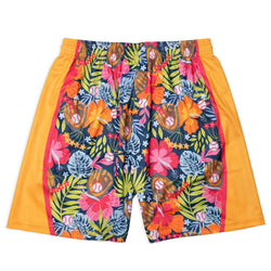 Colorful floral-patterned shorts with orange accents on a white background
