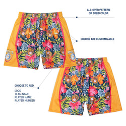 Colorful tropical patterned shorts with customizable options on a white background