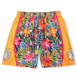 Colorful floral-patterned shorts with a yellow border on a white background