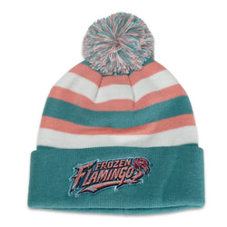 A striped knit pom-pom beanie with teal, white, and coral-pink horizontal bands, featuring a folded cuff with an embroidered 'Frozen Flamingos' logo and a matching pom-pom on top.