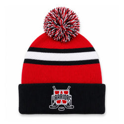 A red, black, and white knit pom-pom beanie with a black cuff featuring a white and red embroidered 'WARRIORS' hockey logo, shown on a plain white background.