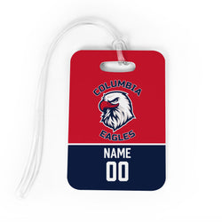 Luggage tag with Columbia Eagles logo and customizable name and number