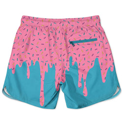 Pink and blue shorts with a colorful sprinkles pattern show from behind on a white background