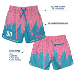 Pink and blue shorts with customizable features on a white background
