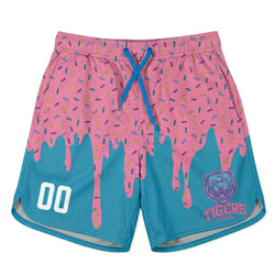 Pink and blue shorts with a tiger logo and 'Tigers' text on a white background