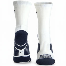 A pair of white crew socks with navy blue heel and toe sections, shown from both the front and back views on a plain white background.