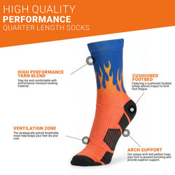 A single crew sock with a flame design, featuring a blue upper section with yellow and orange flames, an orange lower section, and black reinforced areas on the heel and toe, shown against a plain white background.