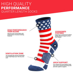 A single crew sock featuring an American flag design with red and white stripes, a blue section with white stars, and navy blue accents on the heel and toe, shown against a plain white background.