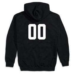 A black pullover hoodie shown from the back, featuring the large white numbers '00' printed on the center back, set against a plain white background.