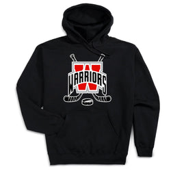 A black pullover hoodie with a front graphic featuring crossed hockey sticks, a hockey puck, and the word 'WARRIORS' in white and red.