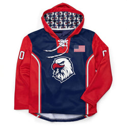 Hoodie with eagle logo, American flag, and patterned hood on a white background