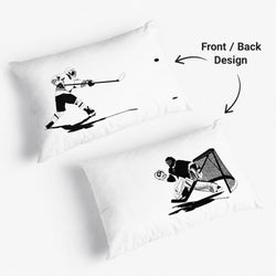 Two pillowcases with hockey-themed designs on a white background