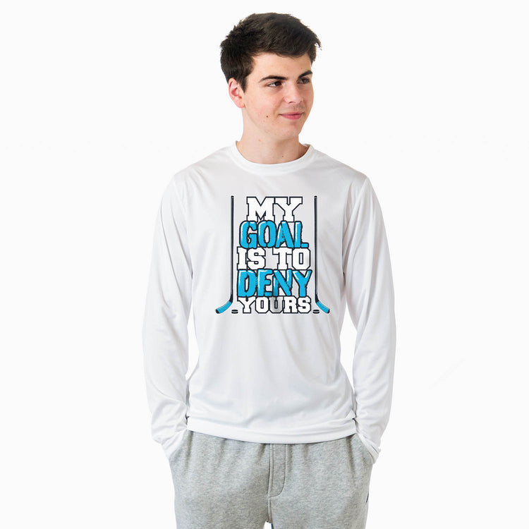 Hockey Long Sleeve Performance Tee - My Goal Is To Deny Yours Hockey (Blue/Black)