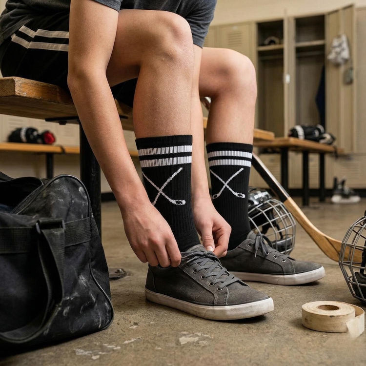 Hockey Woven Mid-Calf Socks - Classic Stripe Crossed Sticks (Black/White)