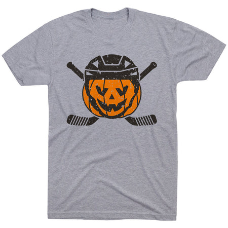 Hockey Short Sleeve T-Shirt - Helmet Pumpkin [Gray/Youth Medium] - SS