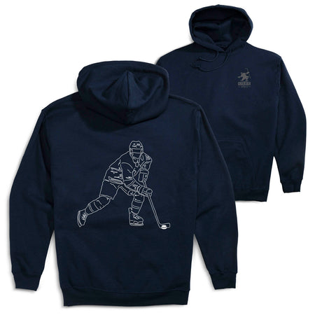 Hockey Hooded Sweatshirt - Hockey Player Sketch(Back Design) [Youth Large/Navy] - SS