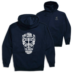 Hockey Hooded Sweatshirt - My Goal is to Deny Yours Goalie Mask (Back Design) [Navy/Youth Large] - SS