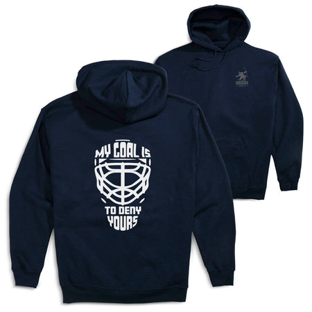 Hockey Hooded Sweatshirt - My Goal is to Deny Yours Goalie Mask (Back Design) [Navy/Youth Large] - SS