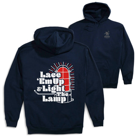 Hockey Hooded Sweatshirt - Lace 'Em Up And Light The Lamp(Back Design) [Youth Medium/Navy] - SS