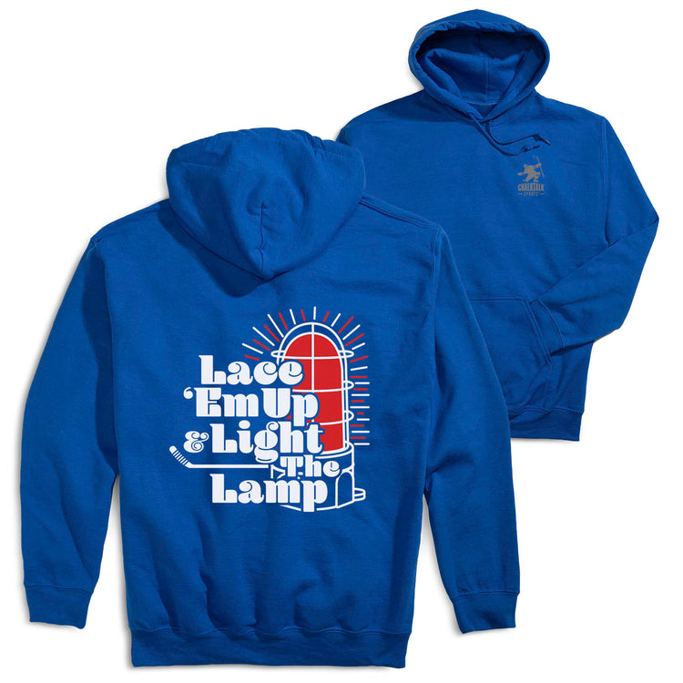 Hockey Hooded Sweatshirt - Lace 'Em Up And Light The Lamp(Back Design) [Youth Large/Royal] - SS
