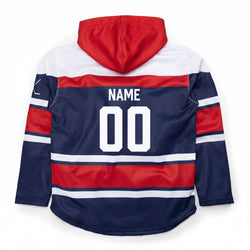 Back view of a sports jersey with red, white, and blue colors and team number on a white background