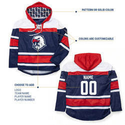 Customizable hockey jersey with red, white, and blue colors on a white background