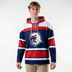 Person wearing a jersey-style hoodie with a logo on a white background