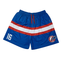 Blue athletic shorts with red and white horizontal stripes, featuring the number 16 on the left leg and a hamburg hawks hockey logo on the right leg.