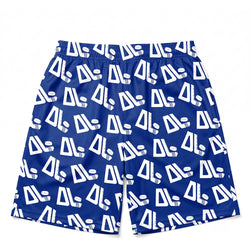 Blue athletic shorts with a white repeating geometric logo pattern, displayed flat against a white background.