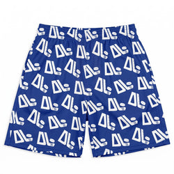 Blue athletic shorts with a white repeating geometric logo pattern, displayed flat against a white background.