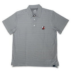 A short-sleeve polo shirt with thin gray and white horizontal stripes, featuring a small logo on the left chest and a two-button placket.