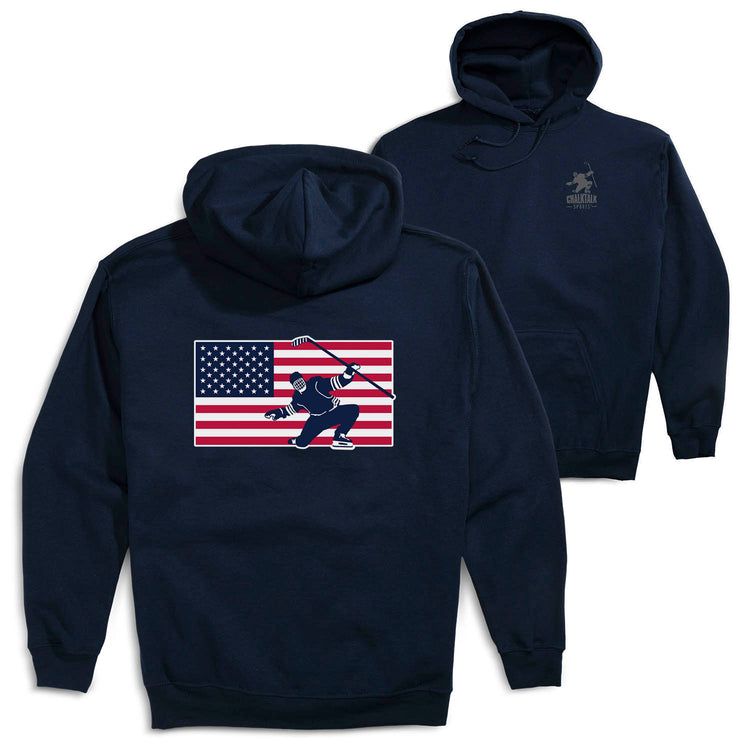 Hockey Hooded Sweatshirt - Patriotic Hockey (Back Design) [Youth Large/Navy] - SS